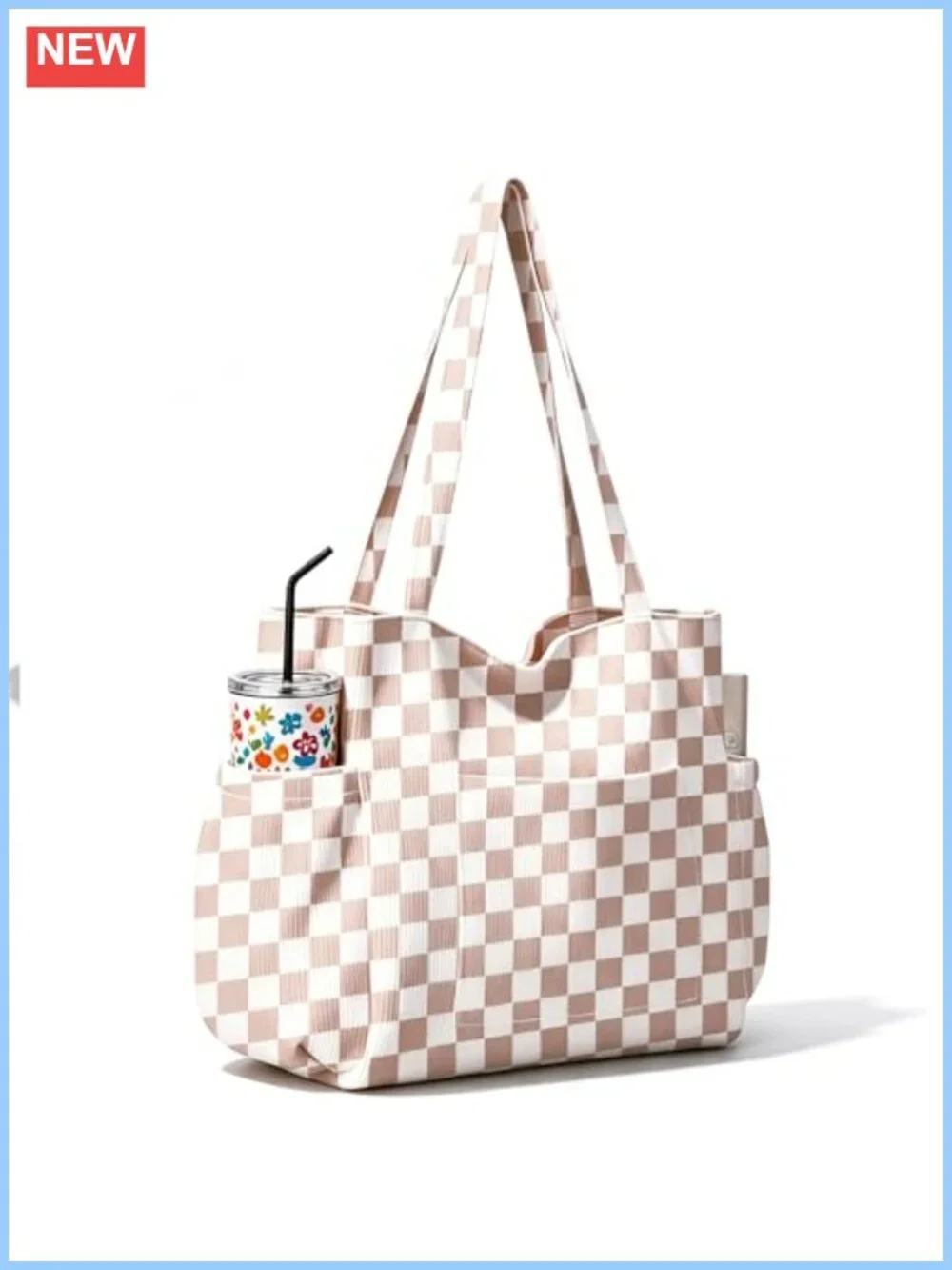Women's Corduroy Tote Bag Multi-Pocket Shoulder Work Bag Laptop Holder